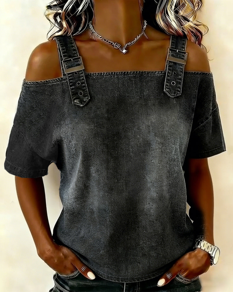 Verane™ デニム風 オープンショルダートップス