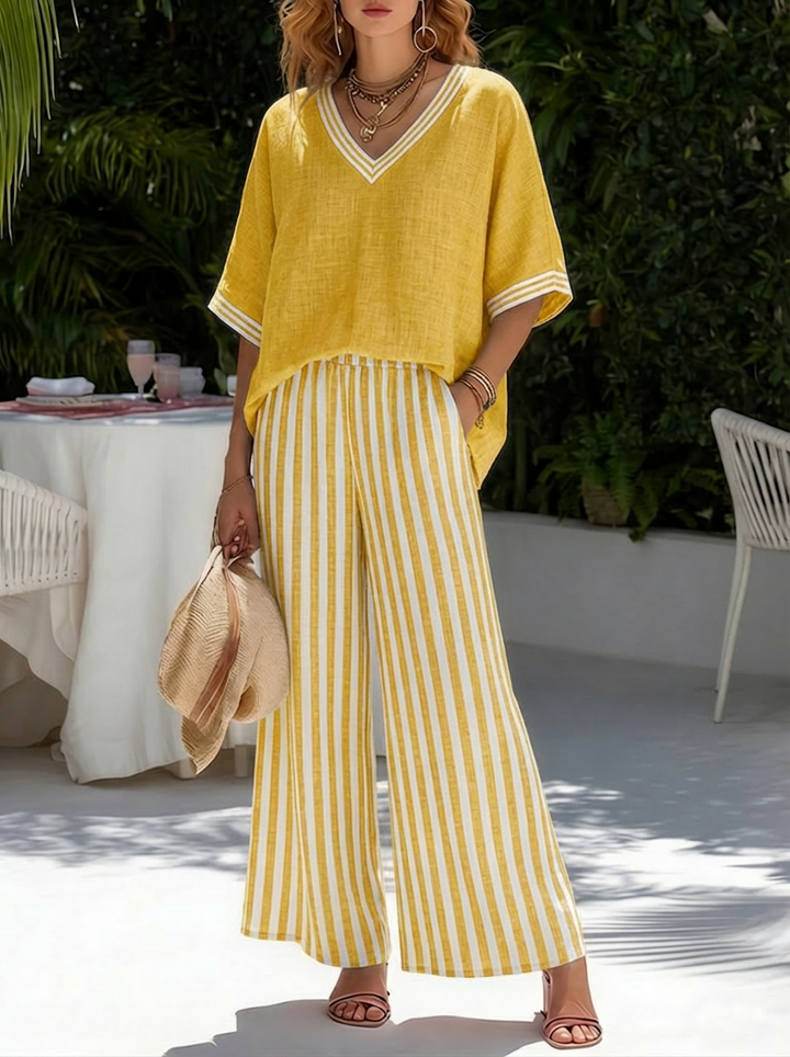 Calienne™ Vネック ストライプ セットアップ