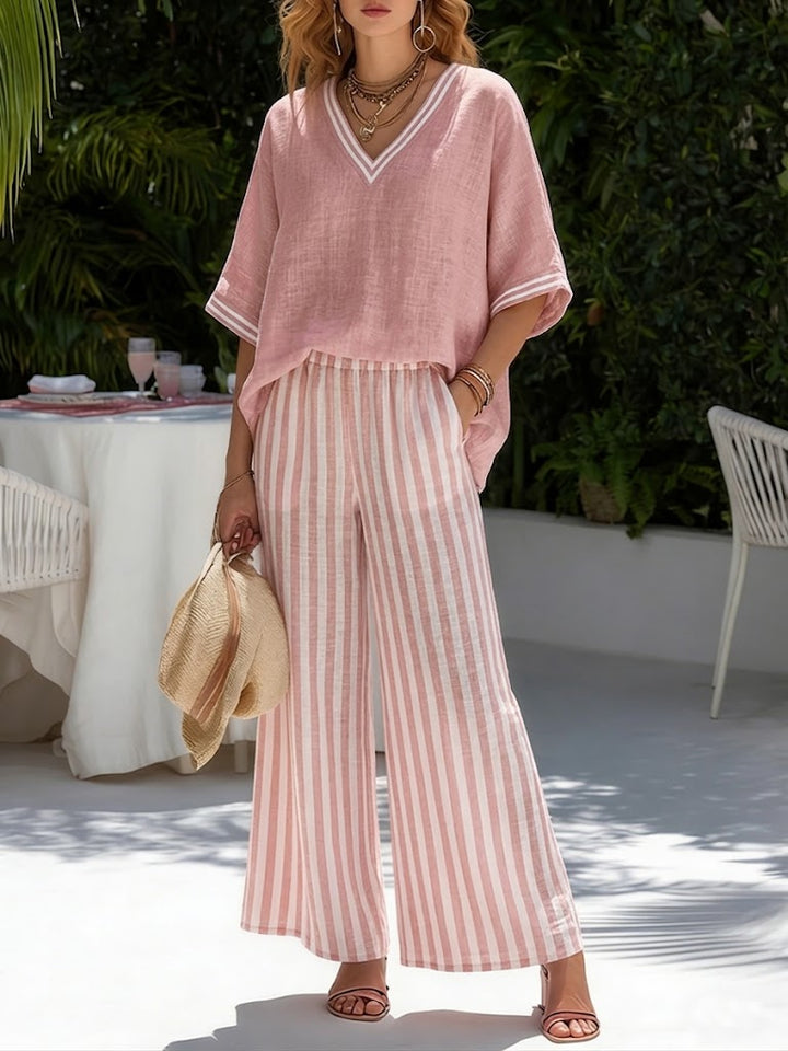 Calienne™ Vネック ストライプ セットアップ