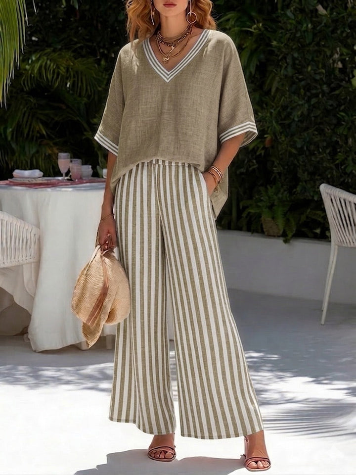 Calienne™ Vネック ストライプ セットアップ